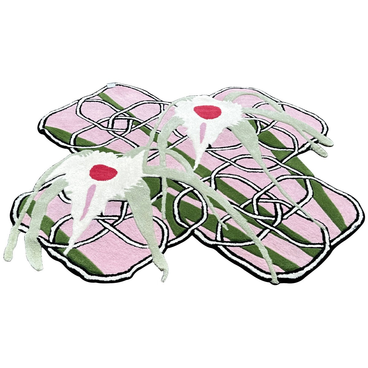 Orchid & Knot Shaped Rug — White Orchid on Green Stripes