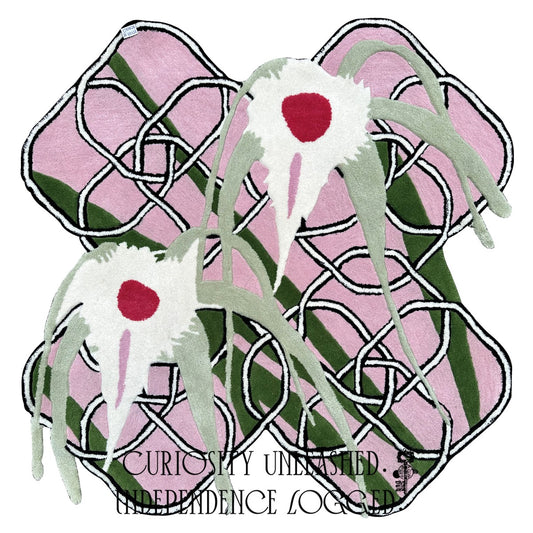 Orchid & Knot Shaped Rug — White Orchid on Green Stripes