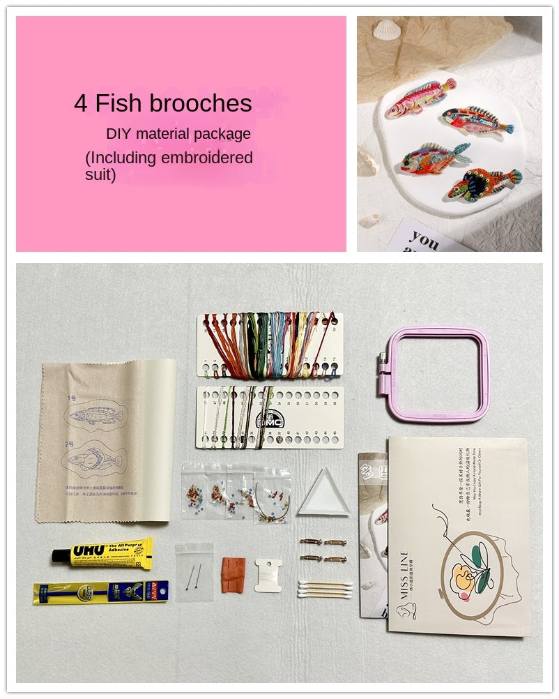 Handmade Embroidered DIY Material Bag, Small Fish Brooch, Four-piece Set, Variable Hairpin Gift