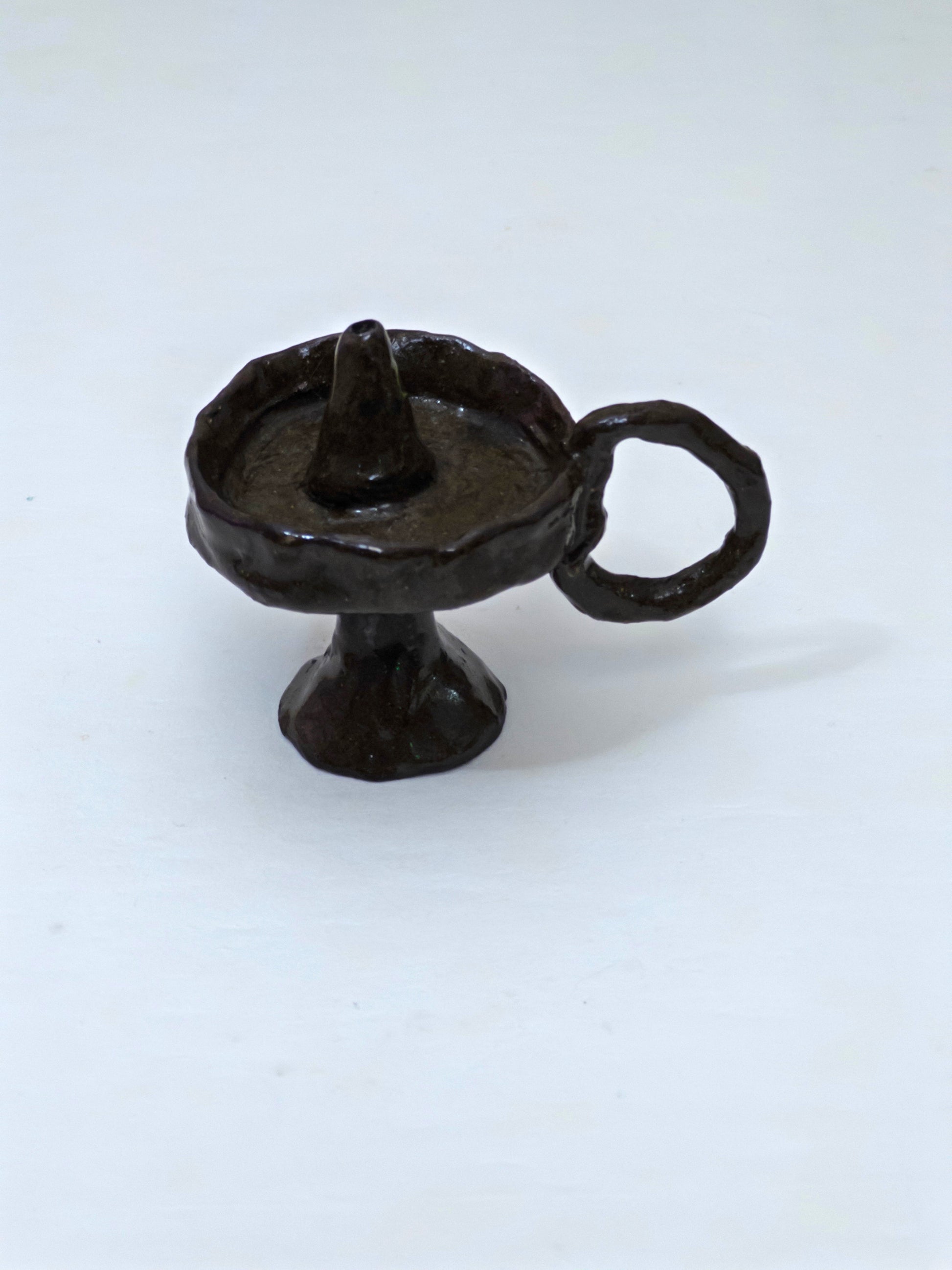 Handmade Black Ceramic Candle Holder with Loop Handle