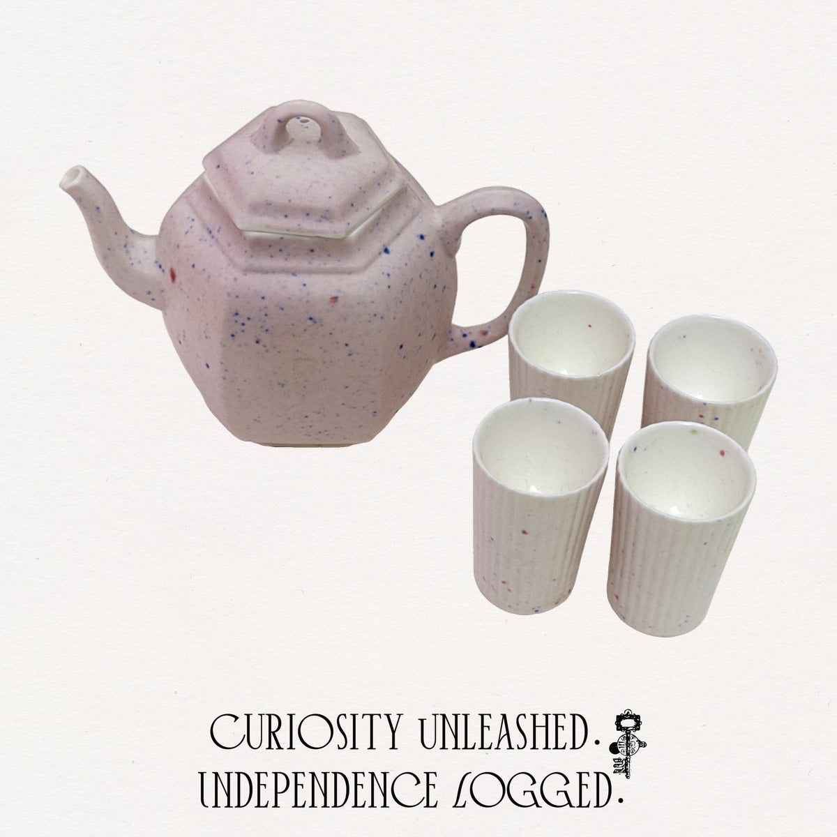 Limited Edition Speckled Pink Ceramic Teapot & Cup Set, 5-Piece