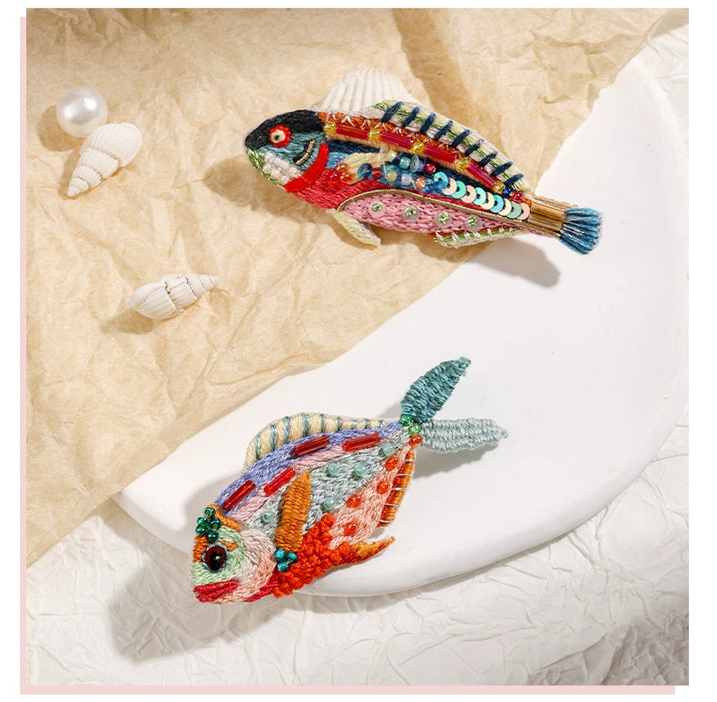 Handmade Embroidered DIY Material Bag, Small Fish Brooch, Four-piece Set, Variable Hairpin Gift