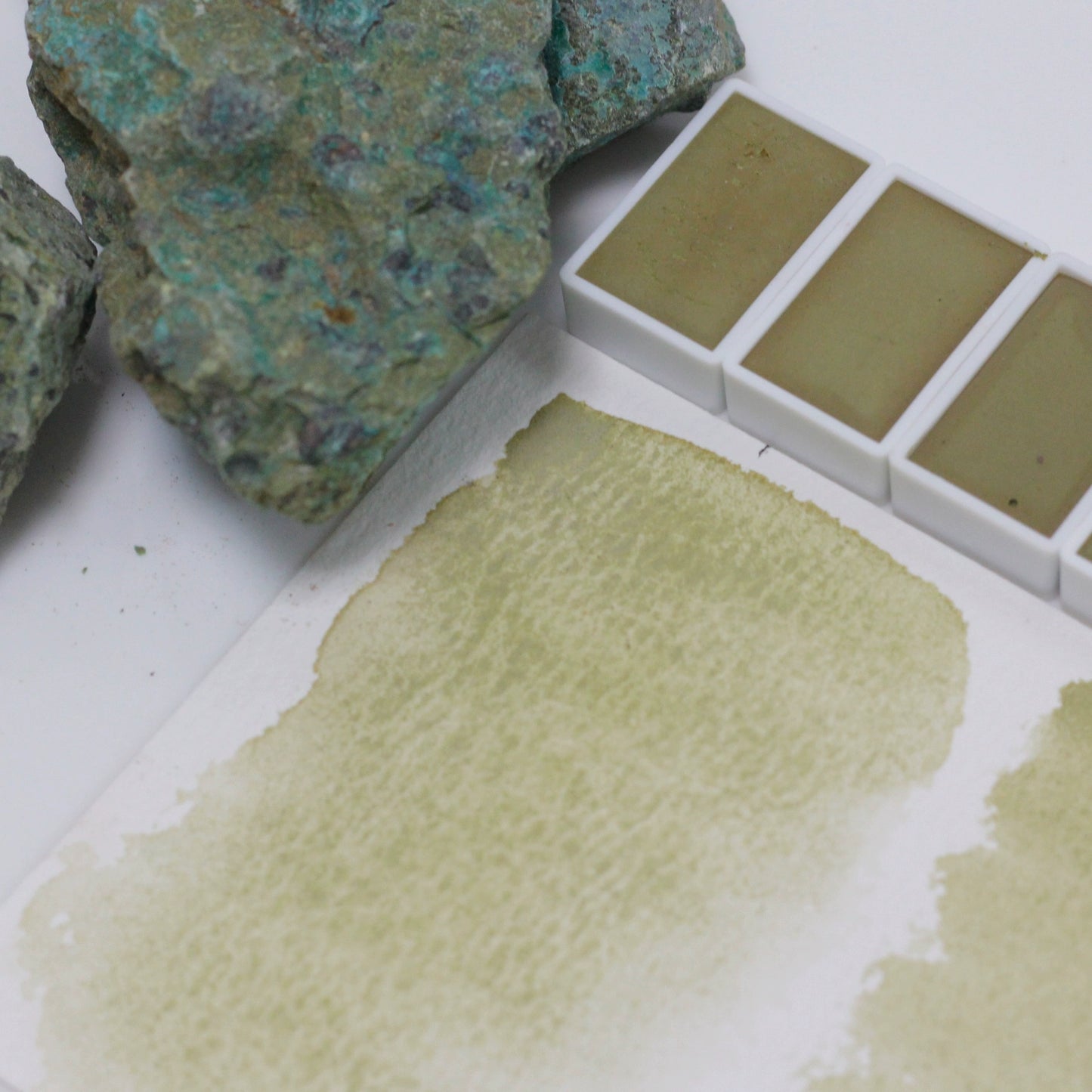 Epidote natural mineral color yellow green handmade solid full block watercolor pigment opaque