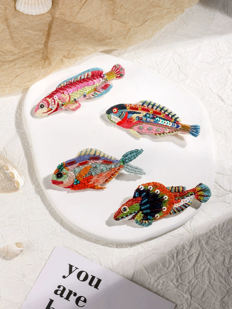 Handmade Embroidered DIY Material Bag, Small Fish Brooch, Four-piece Set, Variable Hairpin Gift