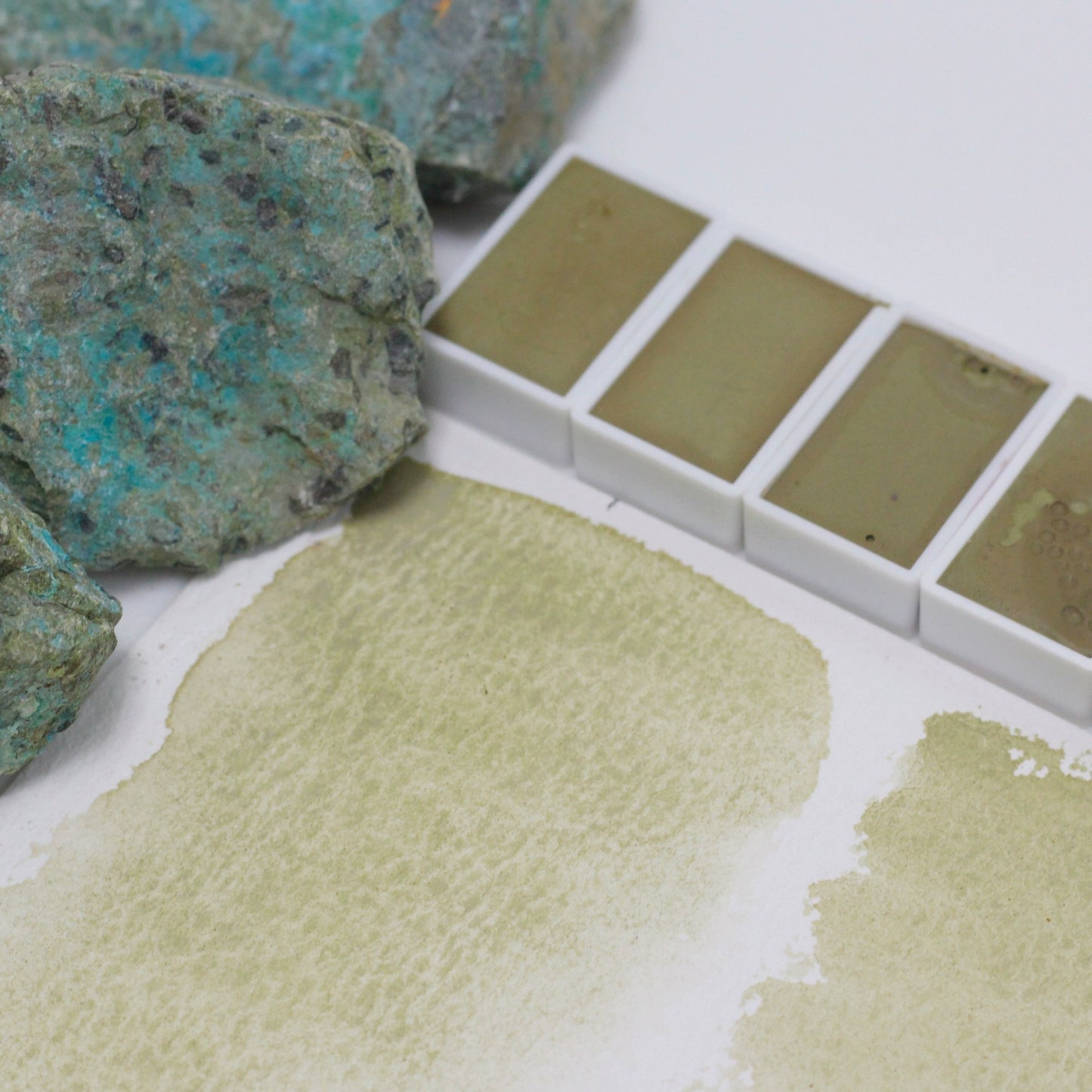 Epidote natural mineral color yellow green handmade solid full block watercolor pigment opaque