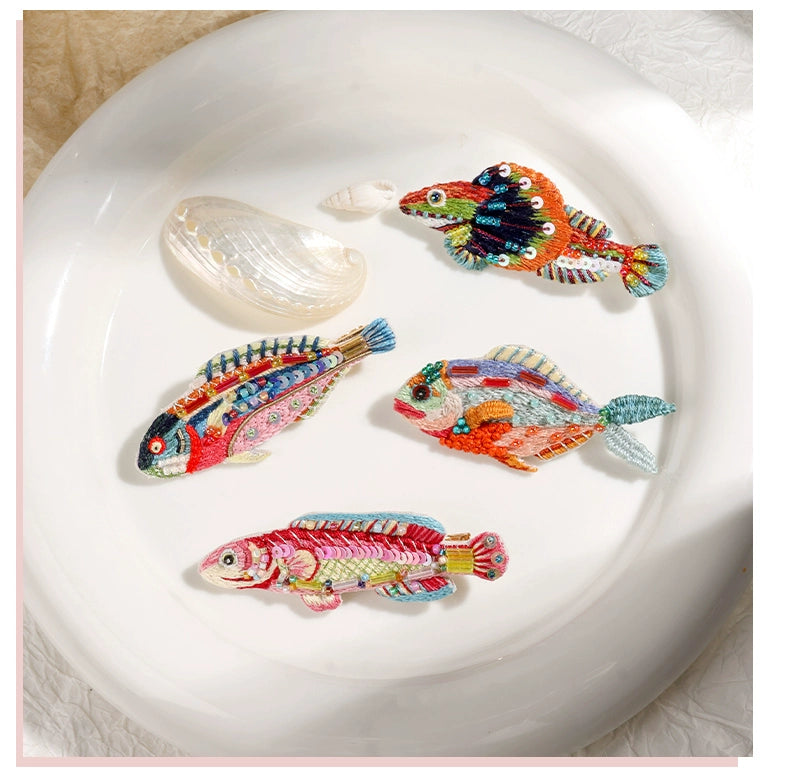 Handmade Embroidered DIY Material Bag, Small Fish Brooch, Four-piece Set, Variable Hairpin Gift